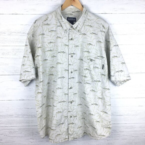 Woolrich Men's Camp Shirt Tan Fish Print Button Front Short Sleeves Casual XL - Picture 1 of 9